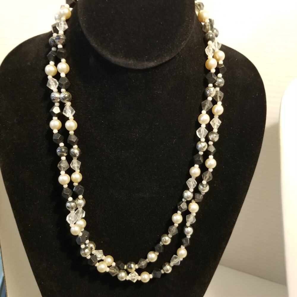 Vintage double strand faux pearl , crystal beads twenty inches silver tone clasp